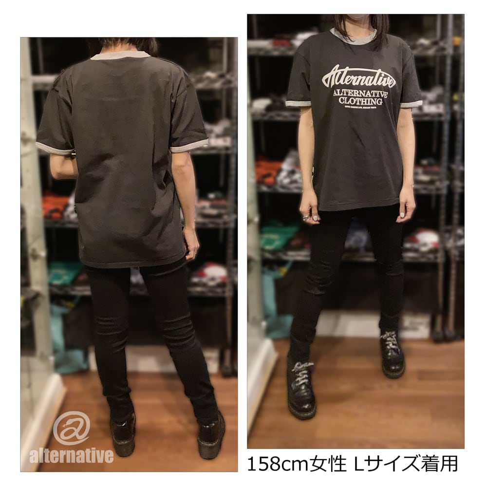 alternative ロゴ リンガー トリム Ｔシャツ スミクロ×ヘザーグレー メンズ レディース アメリカン クラシック USA レトロ アメ車  アメカジ ロック バイク かっこいい 大きいサイズ alt-s AT-64TRGY