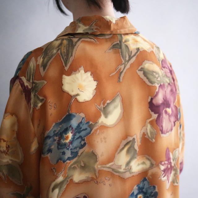 "水彩" flower art pattern h/s see-through shirt