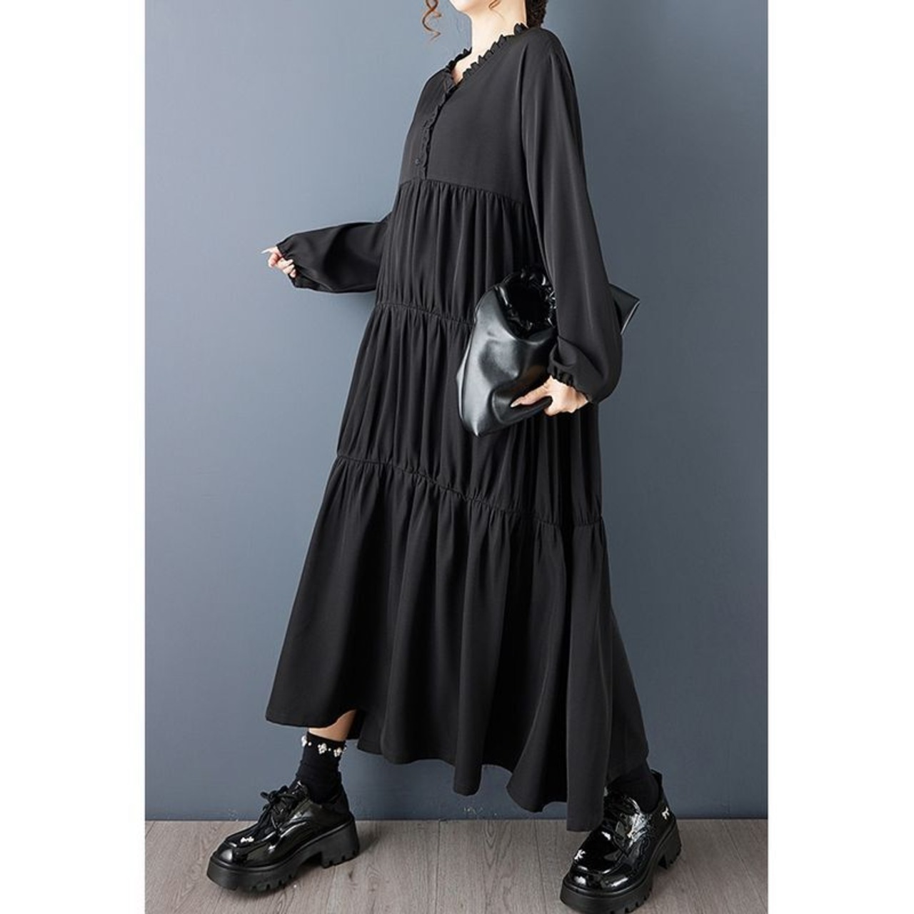 ギャザーフリル ロングワンピース 00308