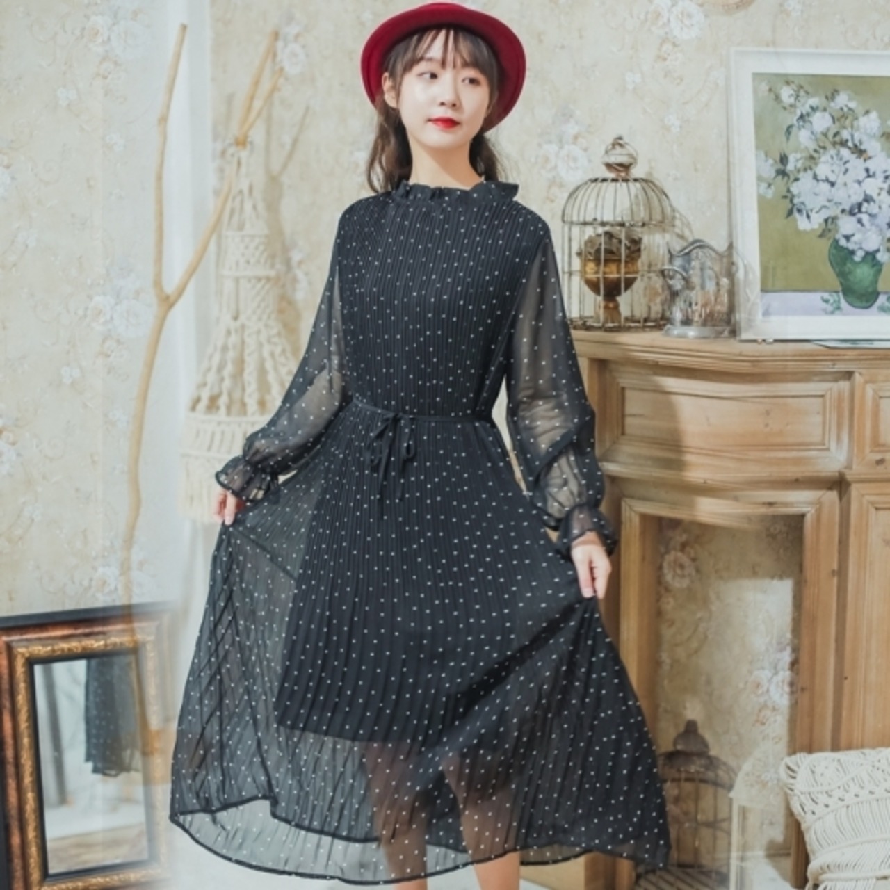 ロングワンピース ロングワンピ レディース ドット柄 水玉 シフォン 