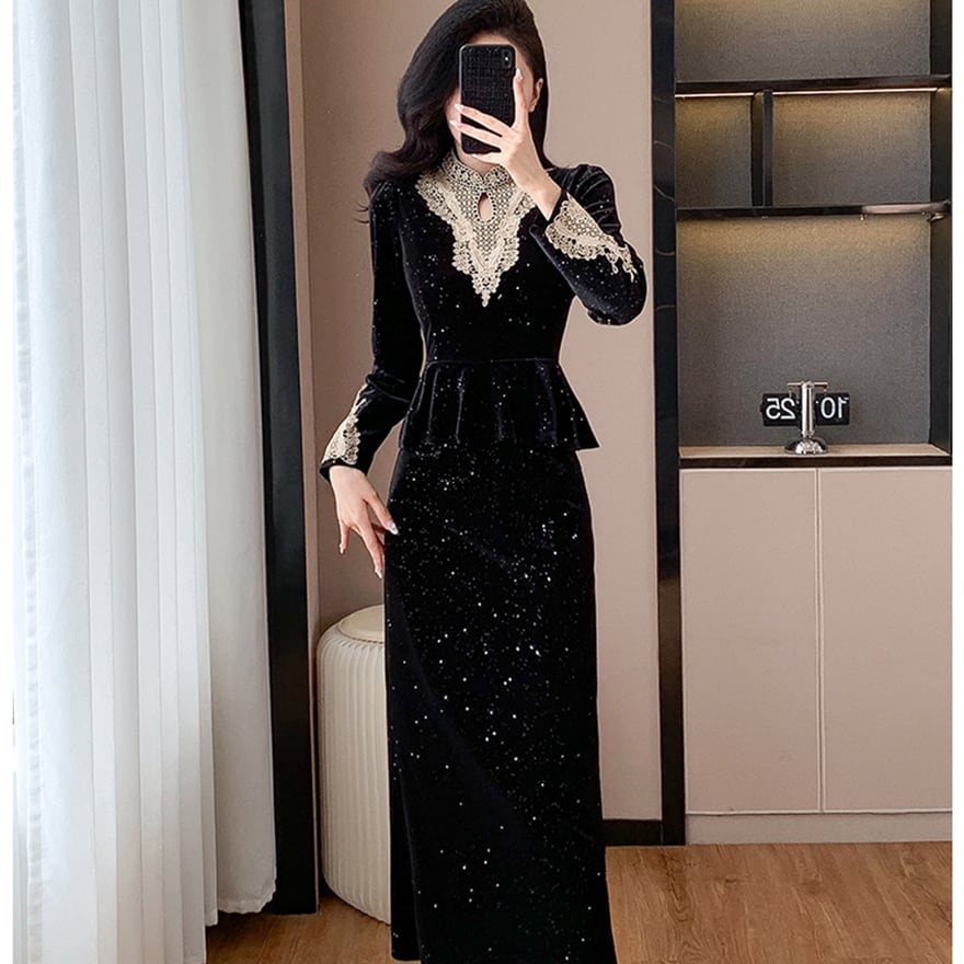 サブカル 服 地雷系 通販 ドレス ワンピース 黒ゴシック 長袖ドレス ロング丈 大人きれいめ パーティ お呼ばれ 20代 30代