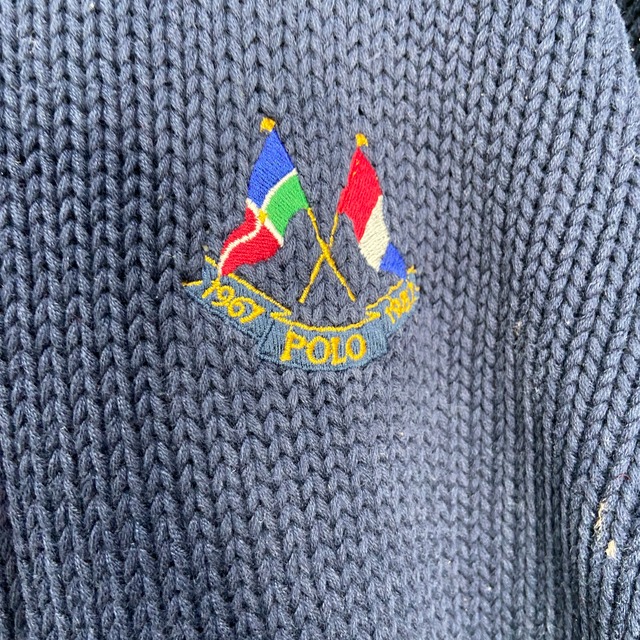 90s RalphLauren コットンニットパーカー　刺繍ロネイビー　XL
