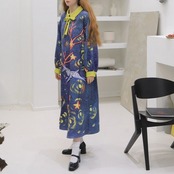 星空の下駆ける鹿:揺れるリボンのネイビーロングワンピース XU0106