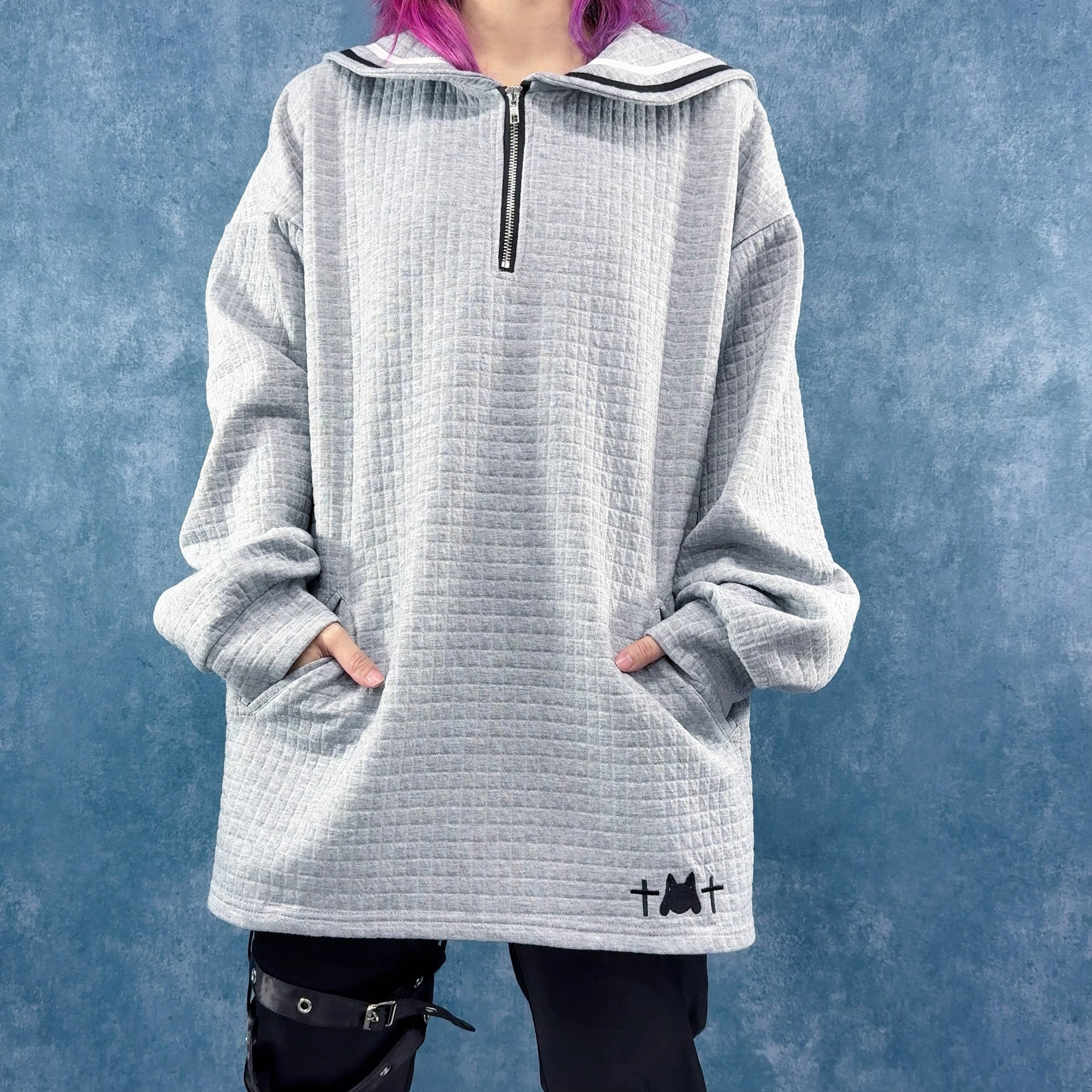 UNISEXセーラー襟ハーフZIPワッフルトップス【GRAY】 | NIER CLOTHING