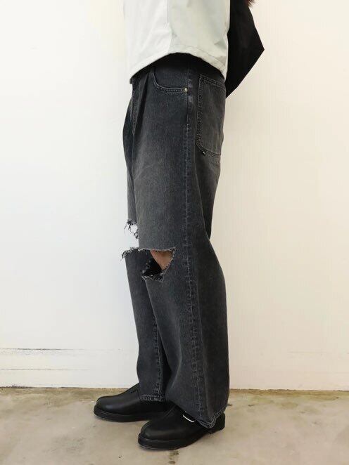 24SS】JieDa DAMAGE ONE TUCK WIDE STRAIGHT DENIM (BLACK) Jie-STD