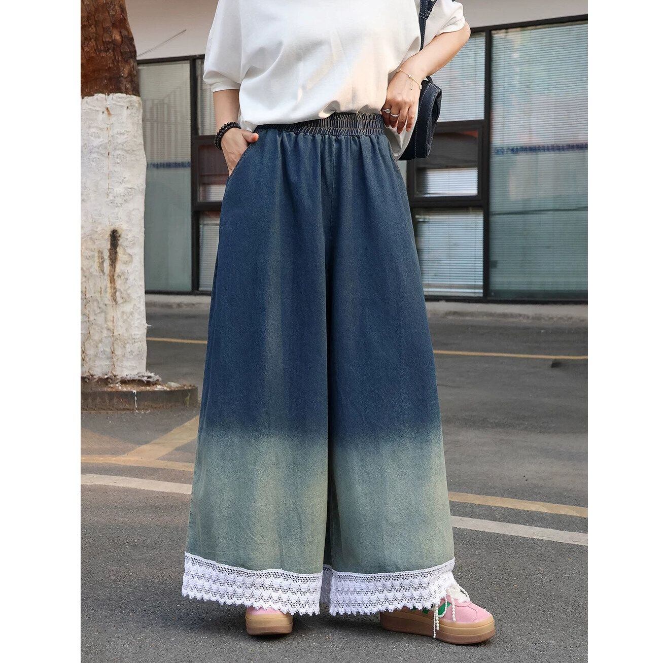 LACED HEM GRADIENT WIDE LEG DENIM PANTS 2colors M-16265
