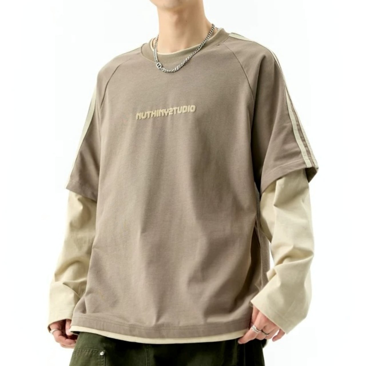 フェイクレイヤードサイドラインバイカラーロングTシャツ 2col A00521