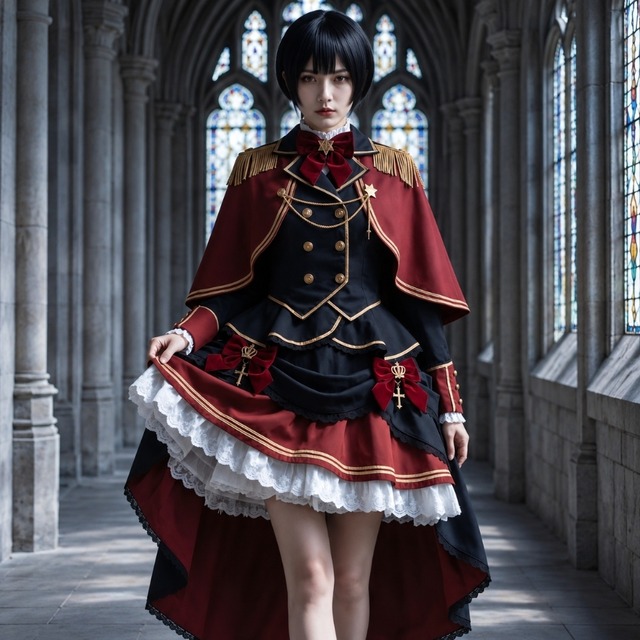 「深紅の王立近衛隊 金刺繍ケープと肩章の軍服ロリータ3点セット」