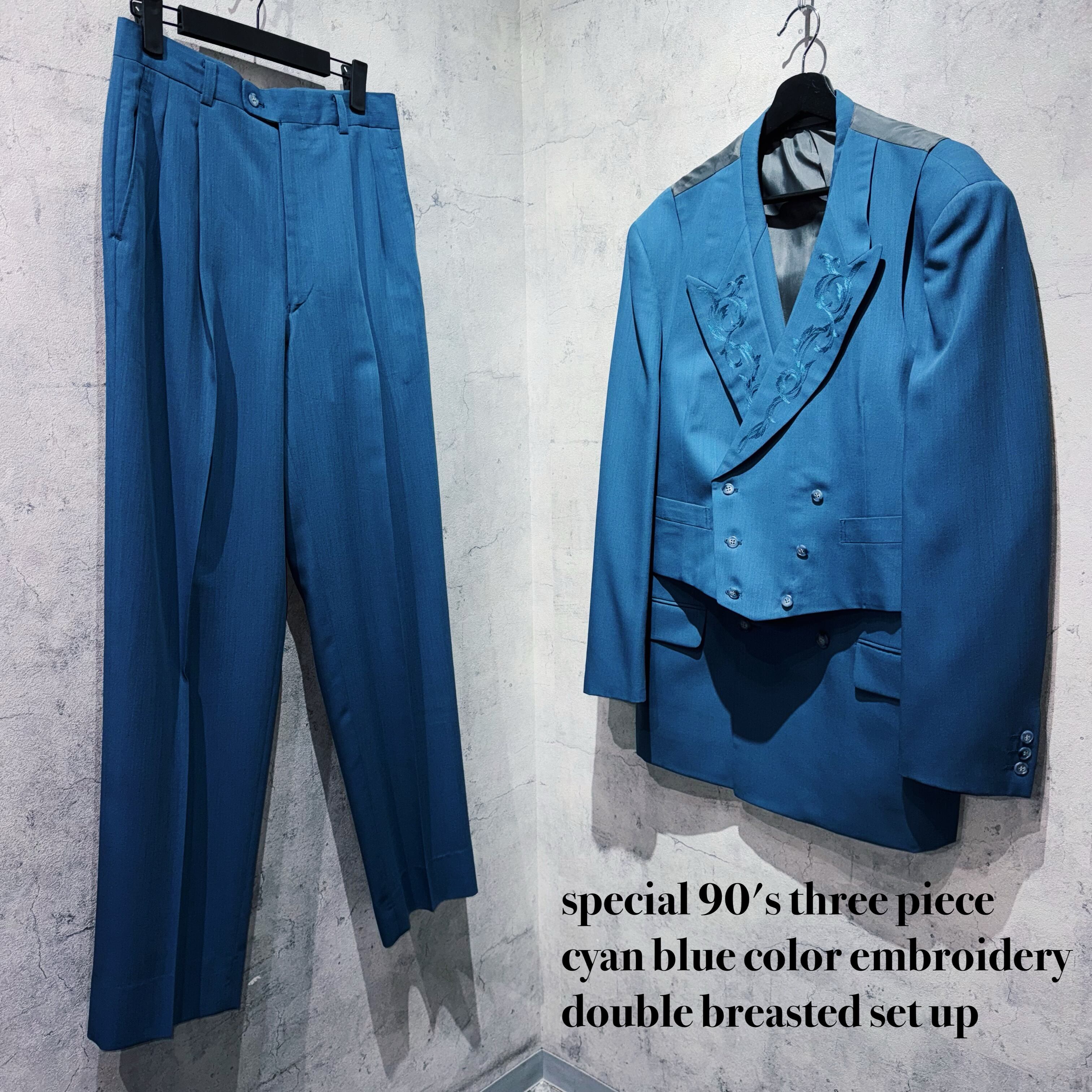 special 90's three piece cyan blue color embroidery double breasted set up