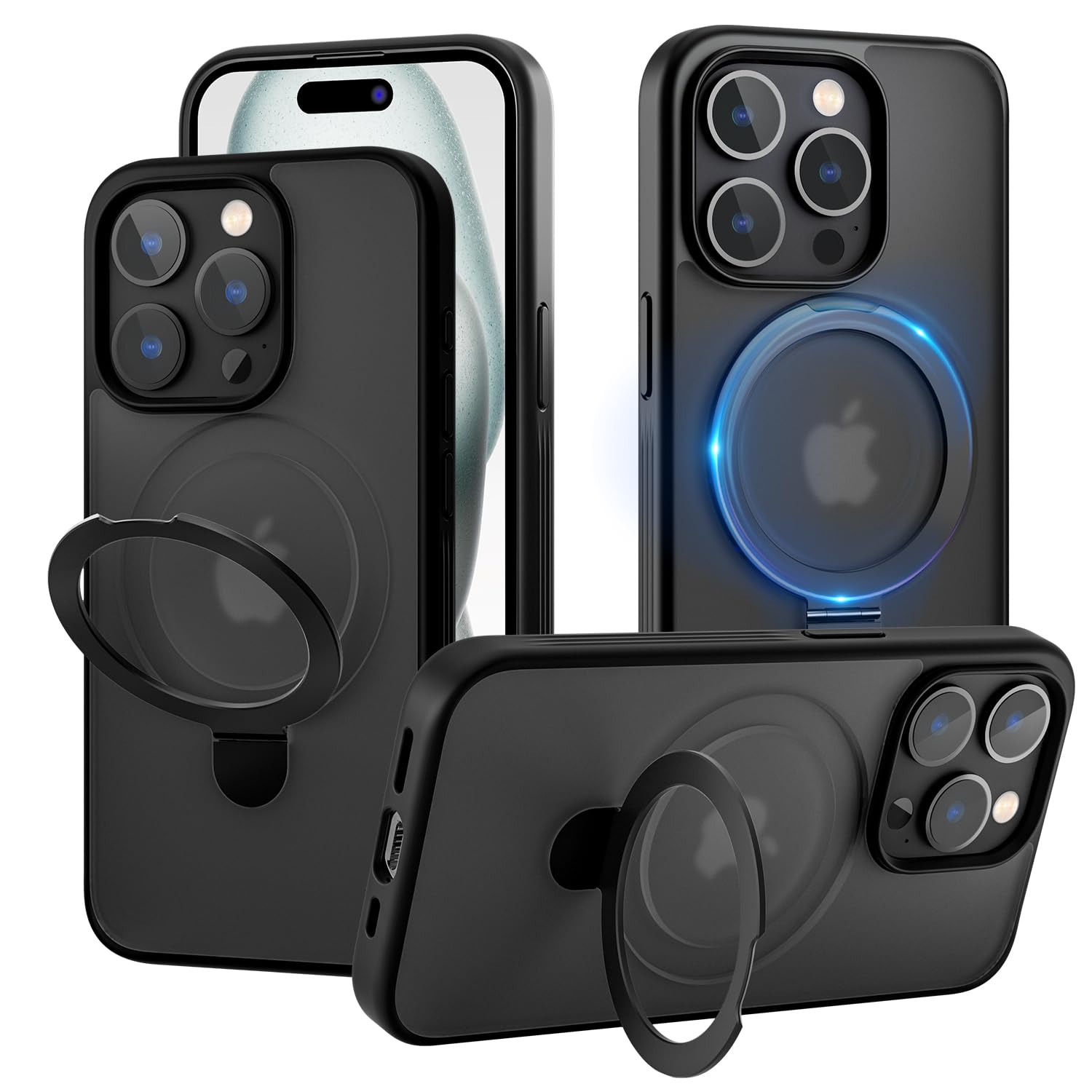 iPhone 15 Pro 用 ケース MagSafe対応 スタンド内蔵 スタンドリング 耐衝撃 多機能リング マグネット搭載 縦横両対応 薄型半透明 ワイアレス充電 黄変防止 iphone15Pro 用 ケース 6.1インチ(ミッドナイト)