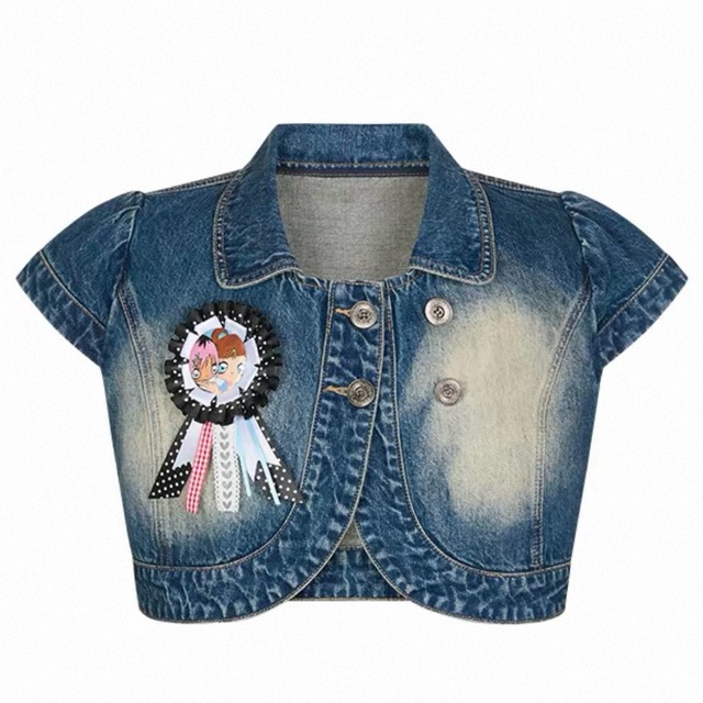 [BETWEENAND] Denim Badge Short Sleeve Top