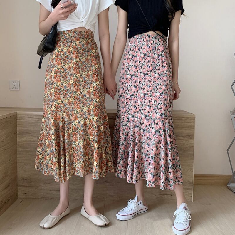 スタンダードフローラルAラインスカート スプリングオータムハイウェストウェスト レトロ 春物 秋物 花柄 1号婦人16534866938