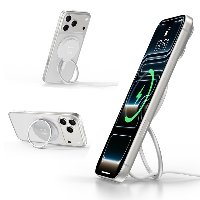 Qi2対応 マグネット式 ワイヤレス充電ホルダーグリップ MagSafe対応 ワイヤレス充電ステーション 15W急速充電 360°回転スタンド iPhone 17/16/15/14/13/12シリーズ AirPods対応, ホワイト