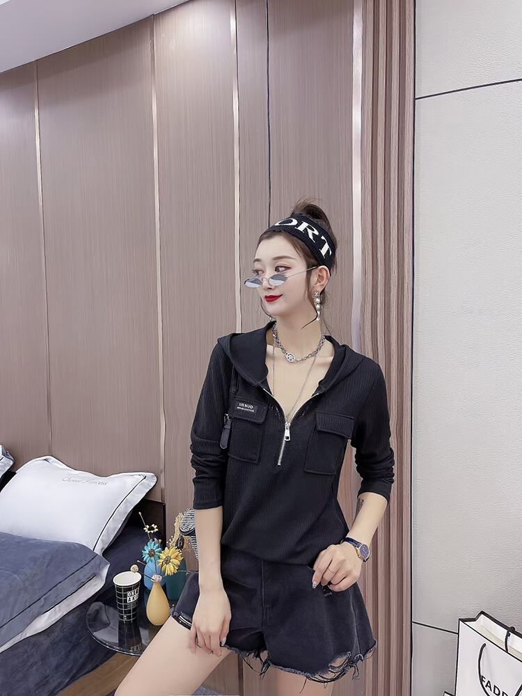 フードジッパーダブルストライプジャケット レディーススプリングスタイルルーズブラウス 春物 ミックスインファッション98623200087