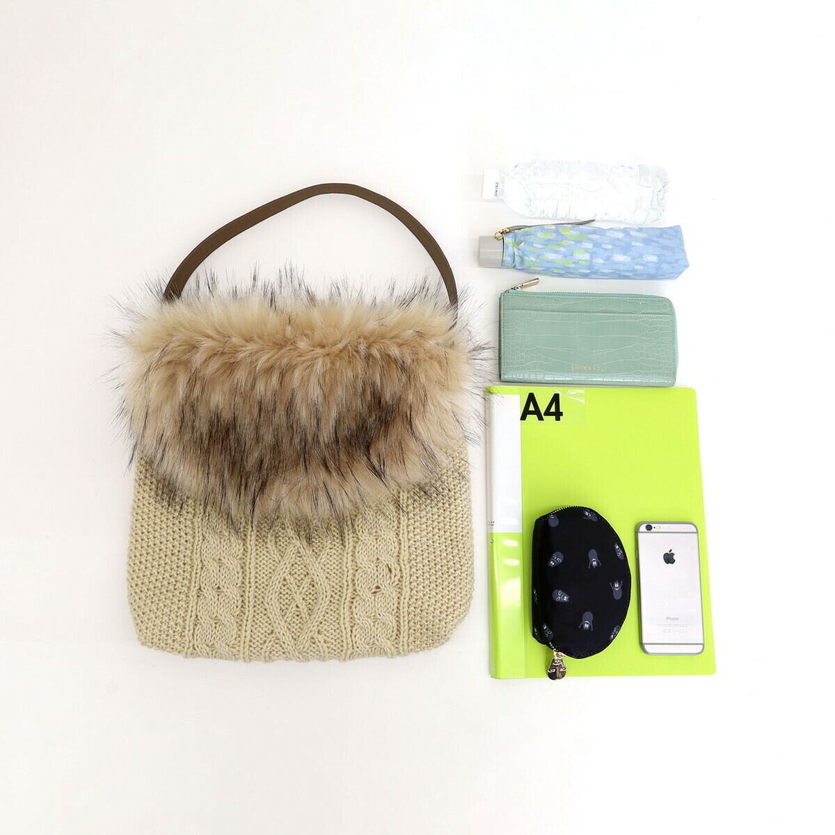 ナナノエル ニットxエコファーワンショルダーバッグ／A4対応 グレー