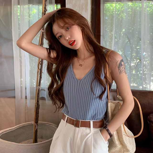 サマースリム薄手ストレッチニットトップス Vネックノースリーブレディース エラスティック 伸縮 夏物 試着室76967594466