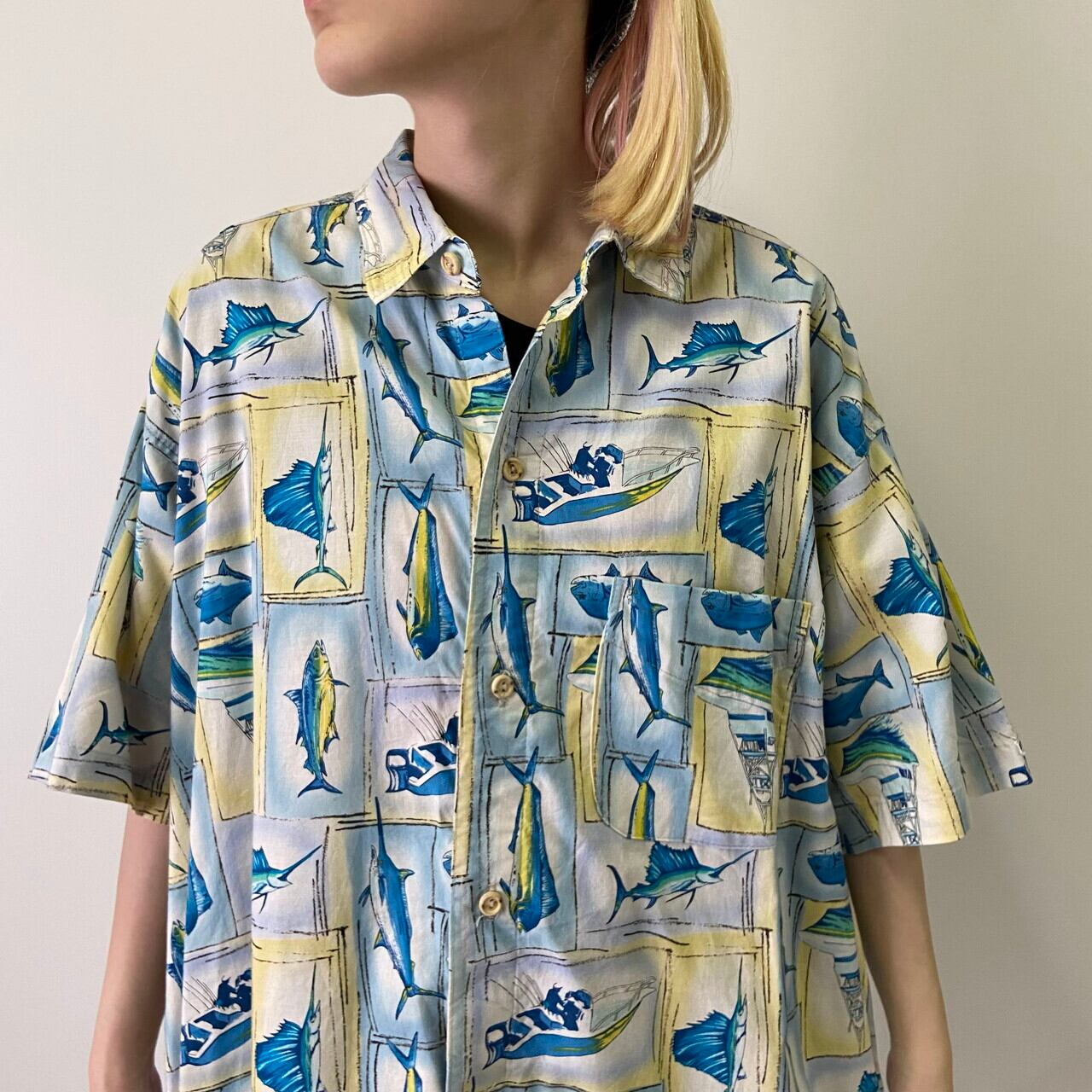 90年代 USA製 KEYWEST FASHIONS 半袖 コットン 魚 漁船 総柄シャツ ...