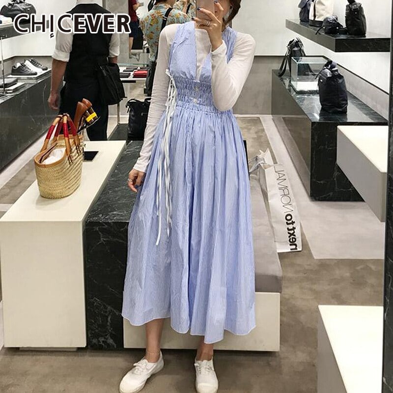 CHICEVERチェック柄ヒットカラードレスレディースVネックタンクノースリーブオーバーサイズルーズミディドレス2020服 6base571048589927