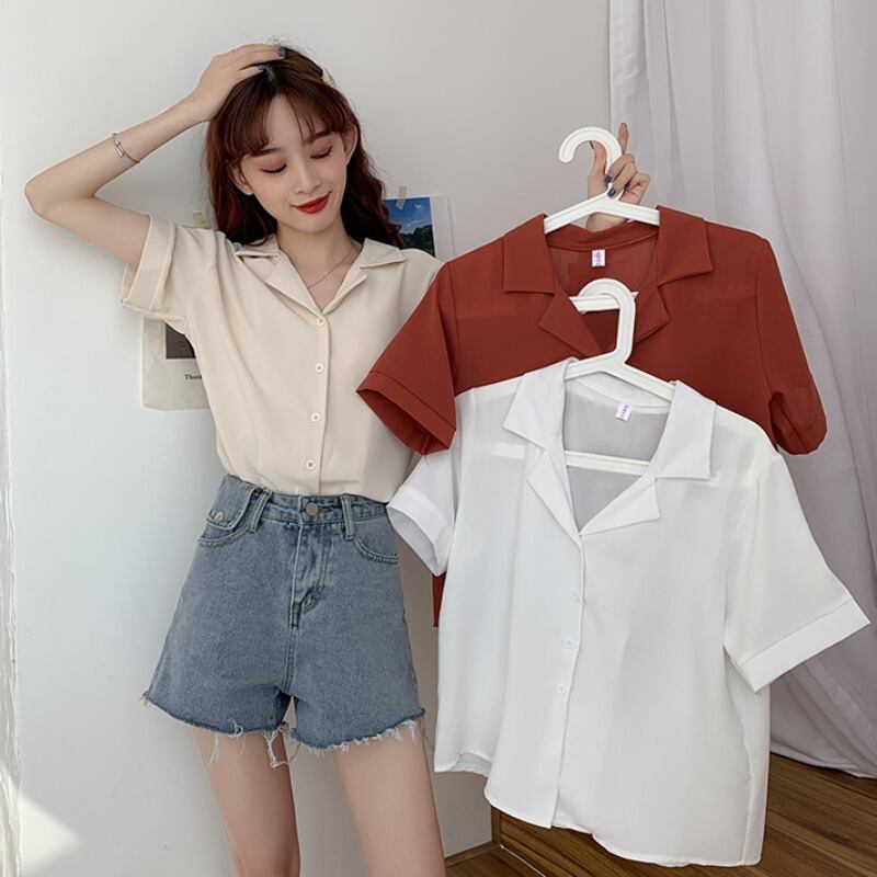 スプリングサマーシフォンシャツ ベーシックルーズカラー半袖スリーブ ショート ハーフスリーブ 春物 夏物 YY-ファッション73850919606