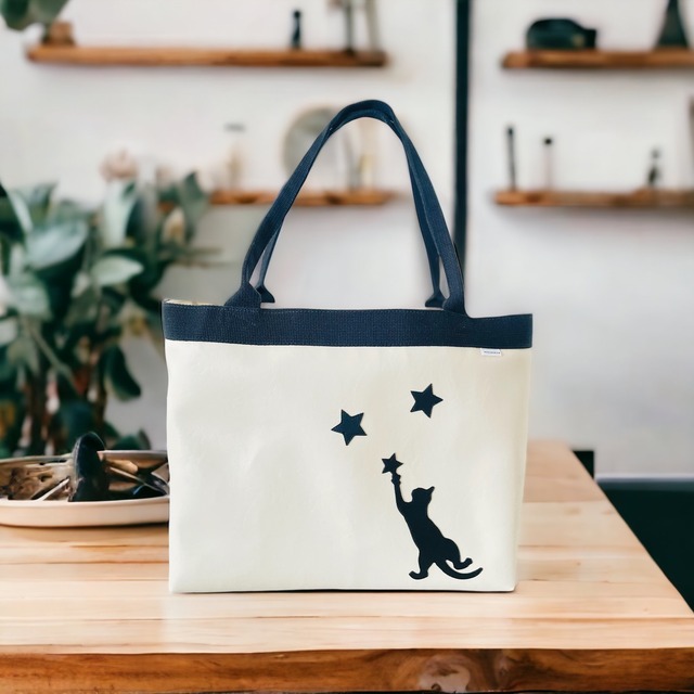 猫と星　カスタムできるトートバッグ・Lサイズホワイト