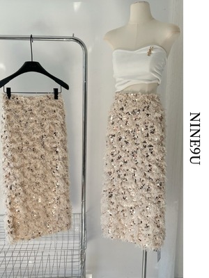 sequin slit feather skirt【NINE5832】