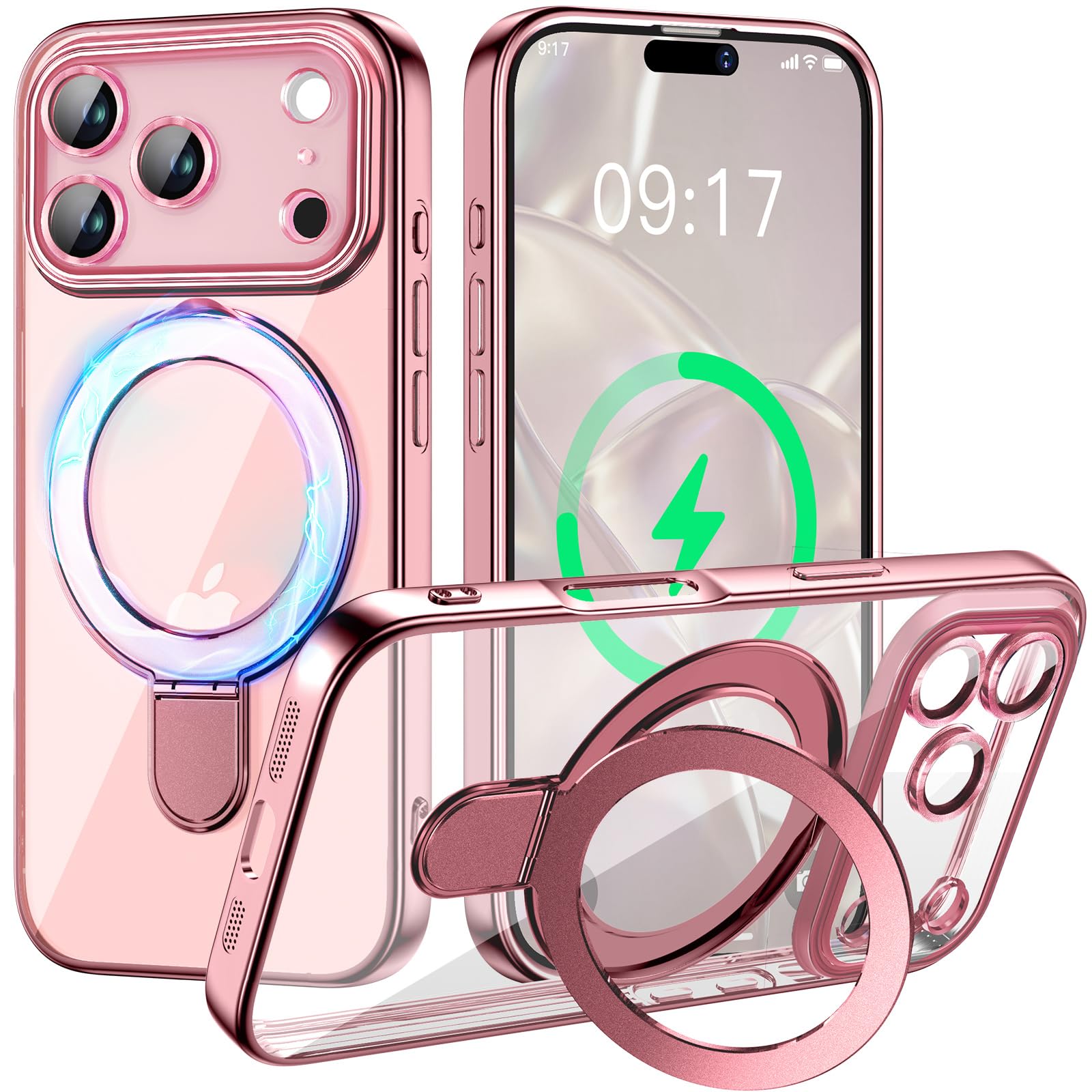 iPhone 17 Pro用 ソフトケース メッキバンパー カメラ完全保護 MagSafe対応 スタンド一体型 ストラップホール付き「ピンク」