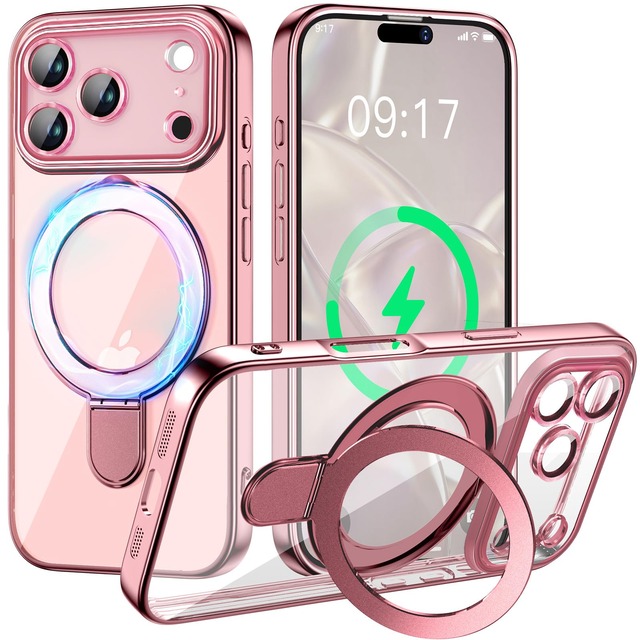 iPhone 17 Pro用 ソフトケース メッキバンパー カメラ完全保護 MagSafe対応 スタンド一体型 ストラップホール付き「ピンク」