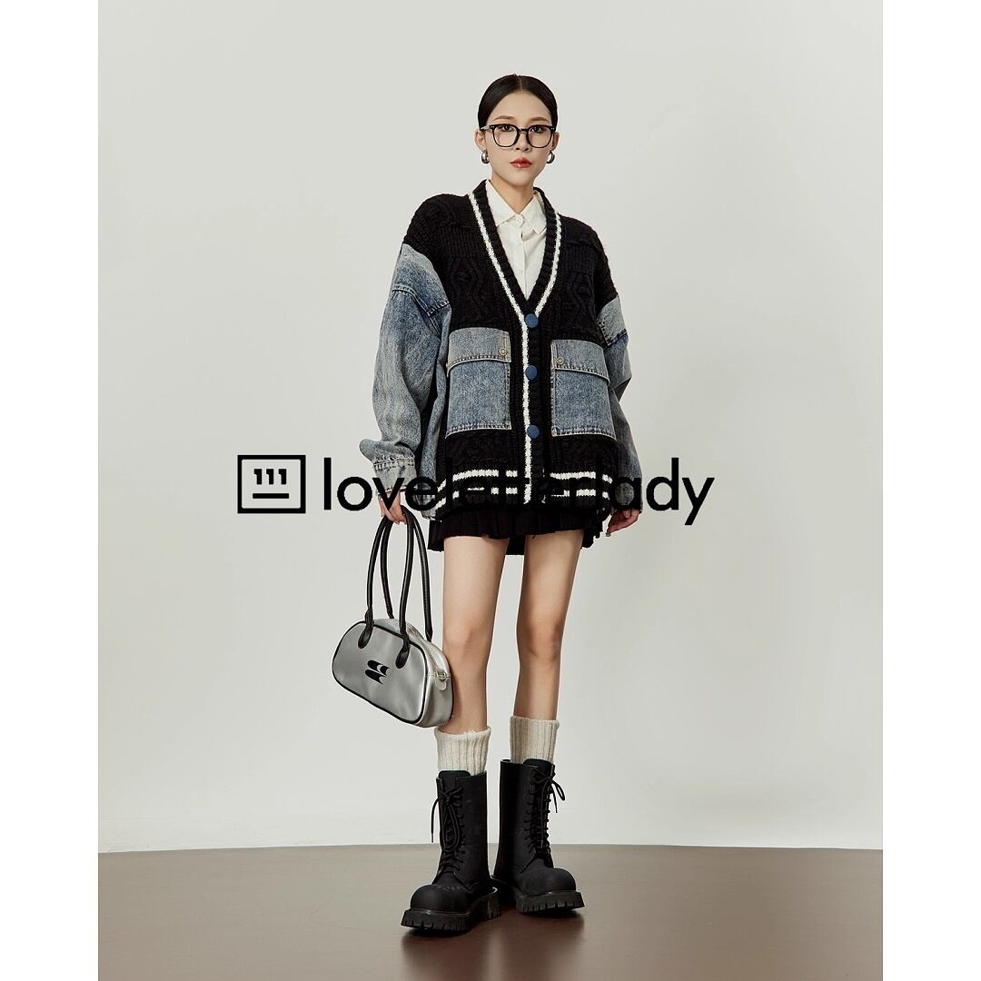 デニム切替 ニット カーディガン 長袖 Vネック ケーブル編み 羽織