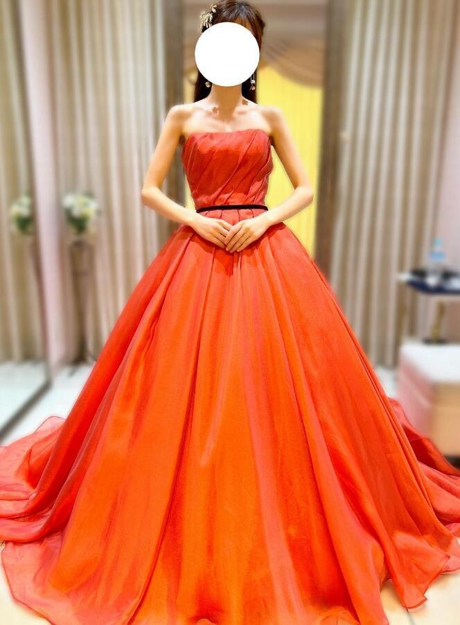 高品質！オレンジ ベアトップ 2次会/披露宴 パーティードレス  
