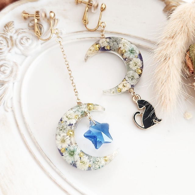 三日月と黒猫୨୧ドライフラワーとお星さまのピアス/イヤリング/ノンホールピアス【ブルー】　スター　ムーン　惑星