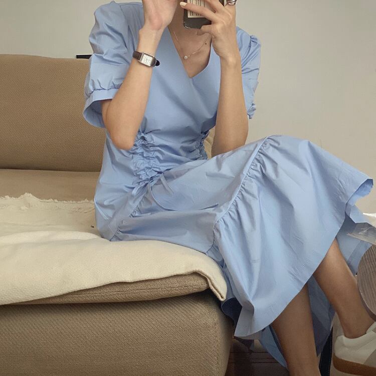 ギャザードレス サマースタイルルーズ薄手Vネックスリーブスカート 夏物 ビッグFスモールZ韓国17052837877