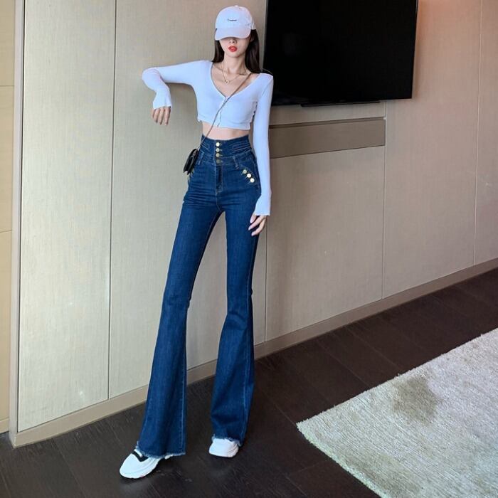 ジーンズ レディーススプリングストレッチハイウェストウェストスリム レッド エラスティック 伸縮 春物 ドラファッションホール64062081627