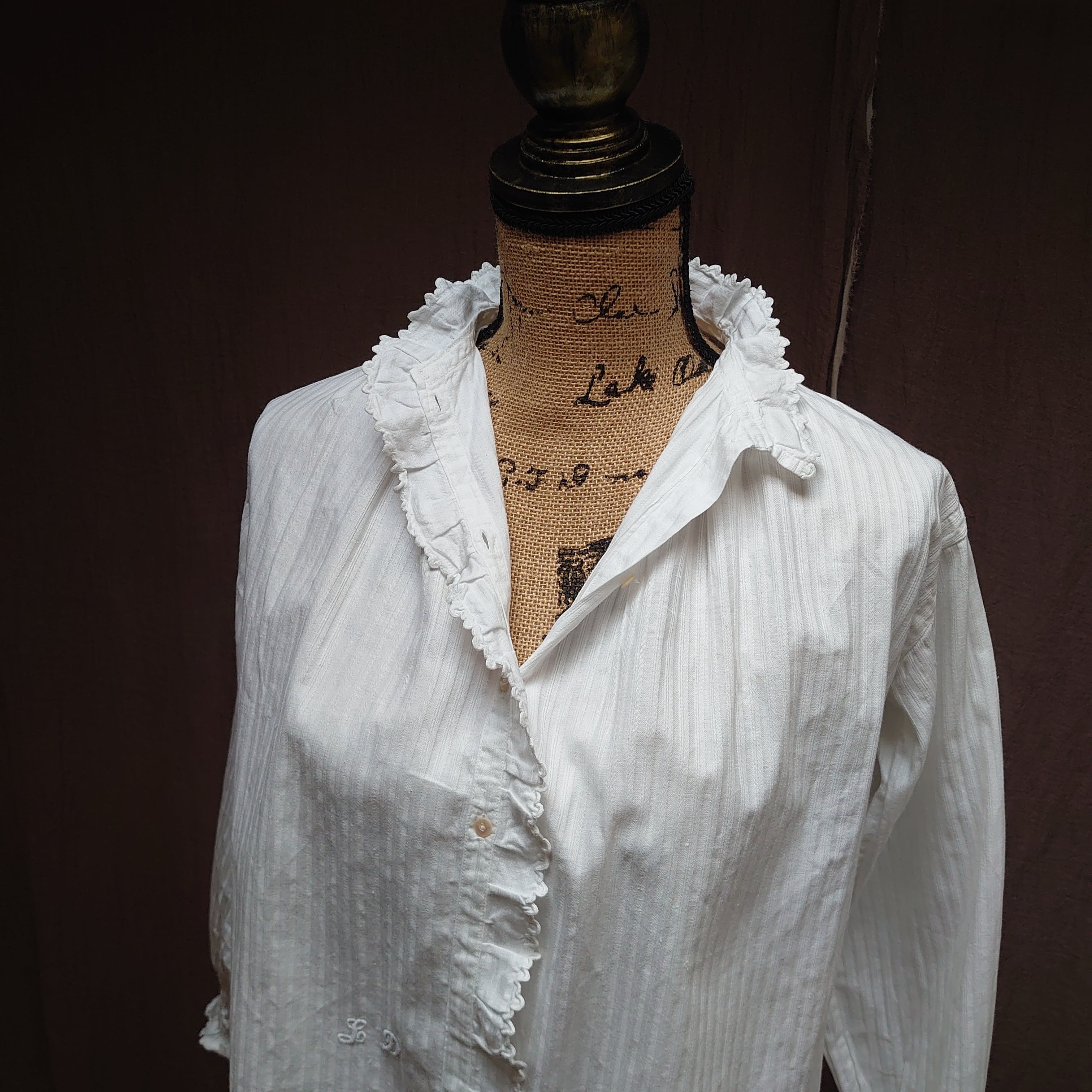 french antique white cotton stripe blouse frill stand collar ...
