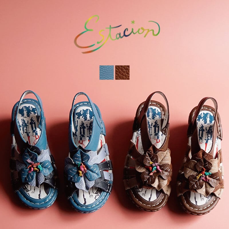 Estacion エスタシオン フラワーモチーフ本革スリッポンシューズ