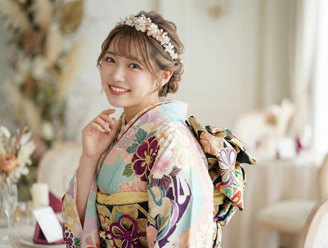 フラワーカチューシャ　ゴールドパール　バックカチューシャ　袴　振袖　成人式　ヘアドレス　カチューシャ
