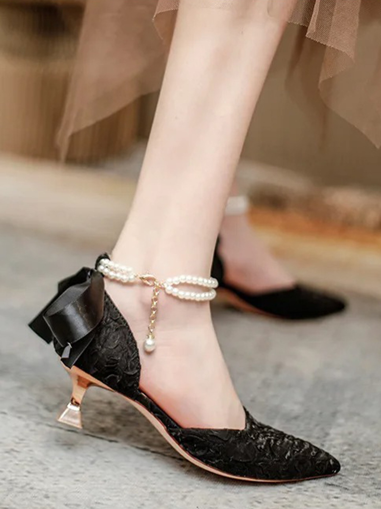 【0298】Pearl Ribbon Satin Pumps Shoes