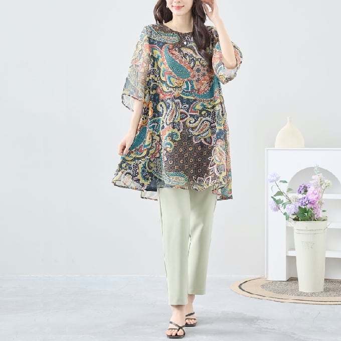 チュニック シフォン ペイズリー 大柄 L~L L C01-374 TRUBE チュニック シフォン ペイズリー 大柄 L~L L C01-374 TRUBE