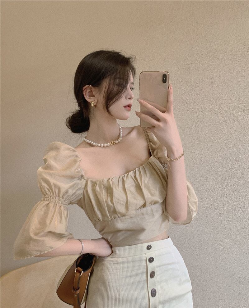 カラースリーブシャツ サマーショート半袖トップス ハーフスリーブ 夏物 スクウェア ブラックストロベリース36697146749