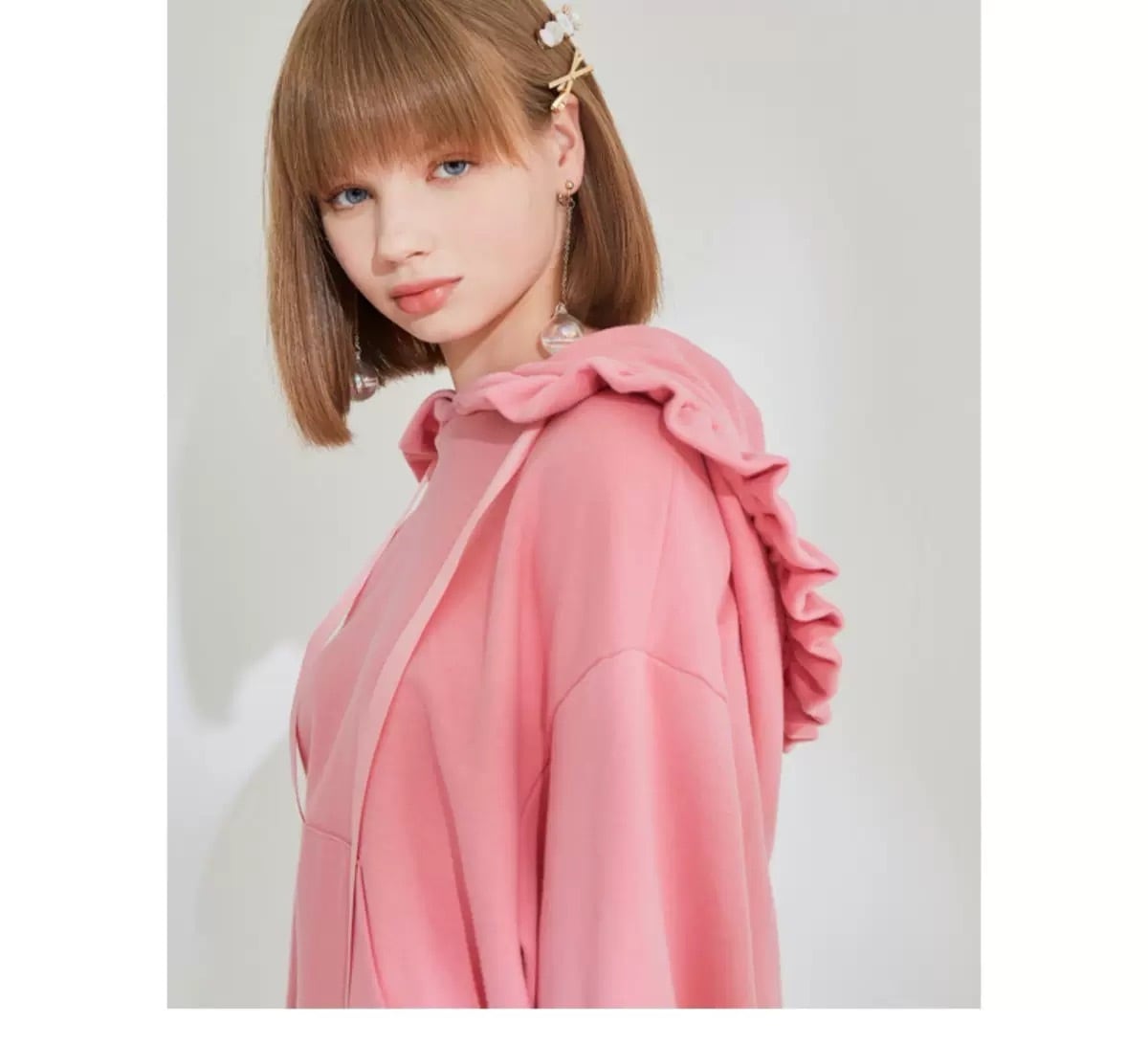 ピンク フード パーカー トップス トレーナー フリル リボン ポケット