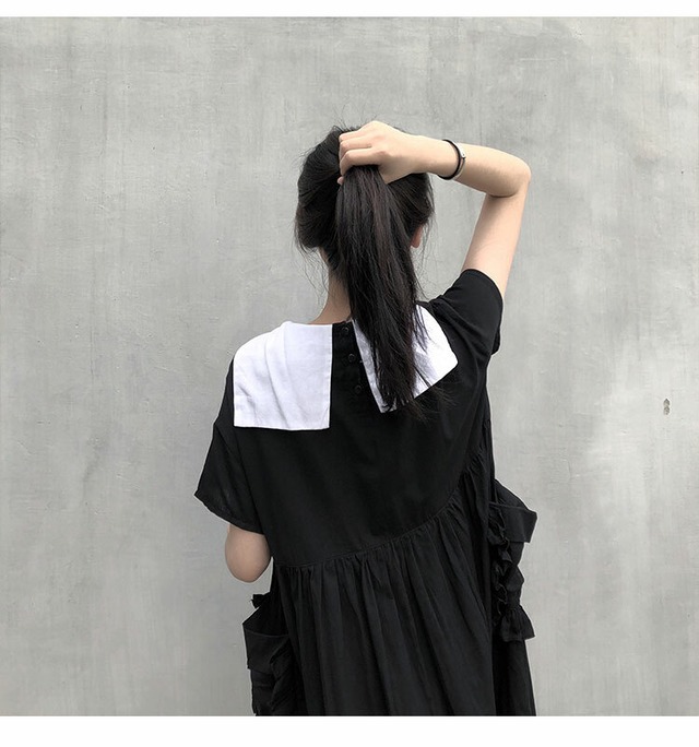 レディース ワンピース ロング ワンピース ドレス 半袖 ドールカラー 丸襟 セーラー風 ポケット プリーツスカート ロング丈 マキシ丈 ゆったりウエスト ａライン モノトーン フリル シンプル カジュアル きれいめ おしゃれ 大人可愛い ガーリー Hf Haru Meets Foo