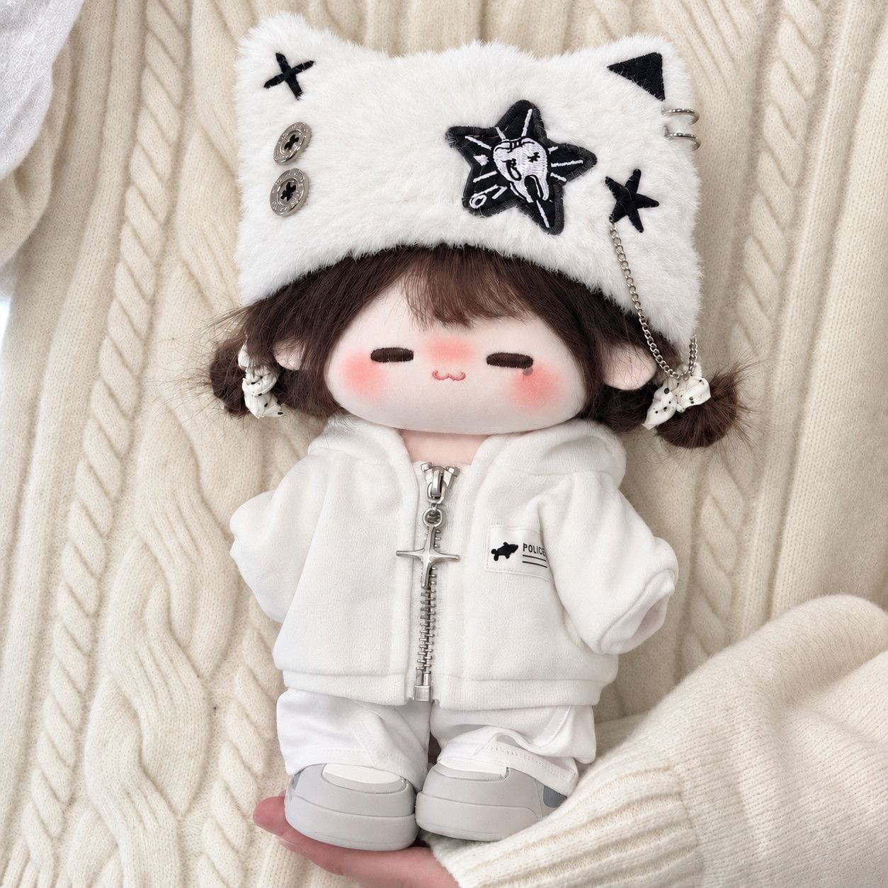 10cm/20cmぬいぐるみ用 秋冬 フード付きトップス＋パンツ＋ねこ耳帽子
