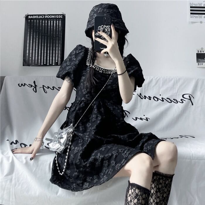 ダークスリーブショートスカート スタイルドレス サマースリムブラック 夏物 ケッペル67185899136