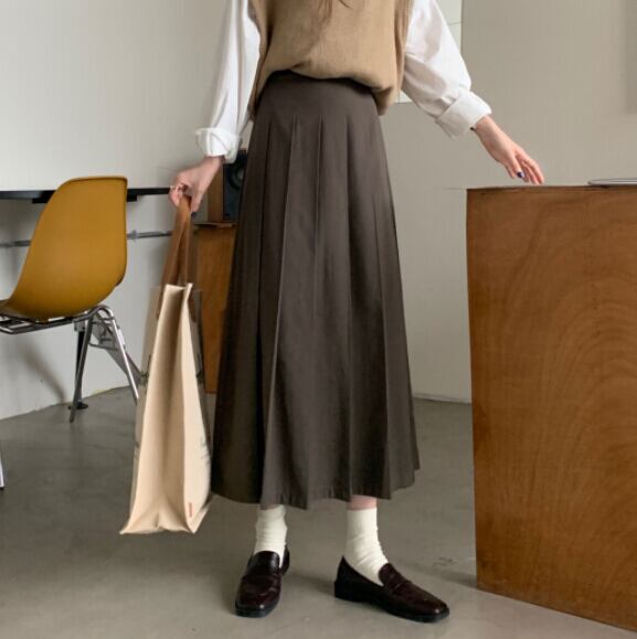 秋冬新作 レディース プリーツスカート ロング丈 ヴィンテージ 厚手 Aライン