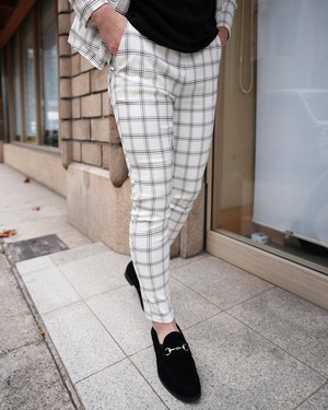 WHITE CHECK STRETCH SLACKS【BEL24-014 】