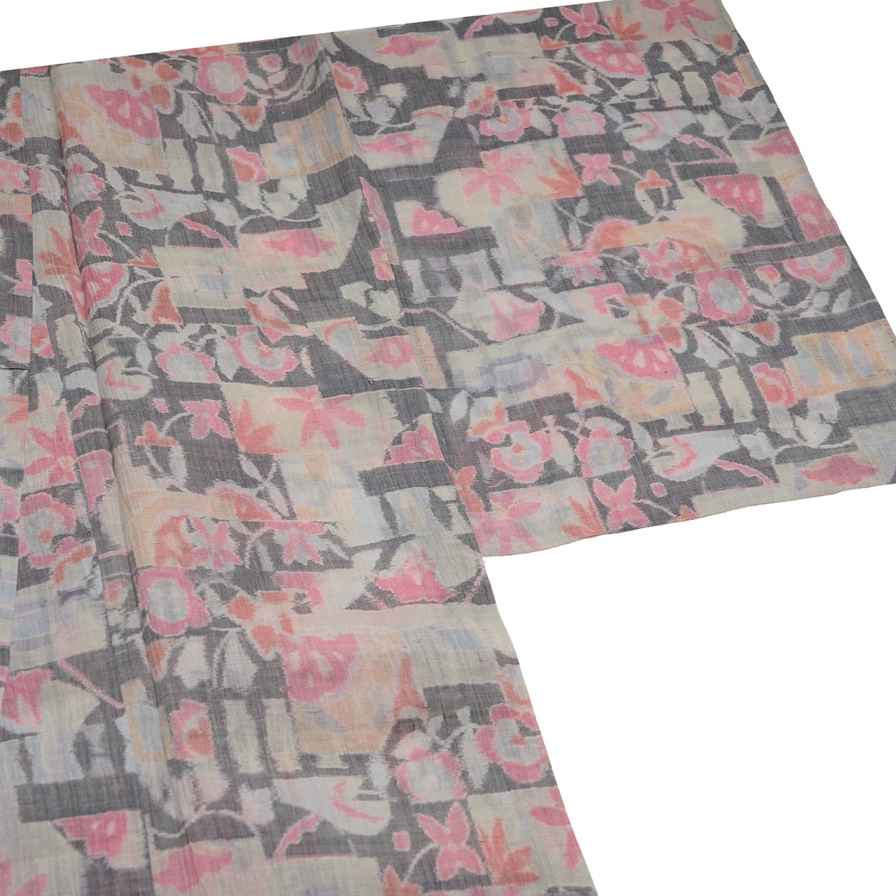 お花と花瓶の模様 小千谷ちぢみ 麻単衣着物【中古】 | かわの屋