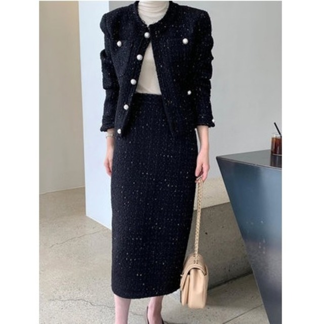 no collar tweed jacket&skirt setup（2color）＜js593＞