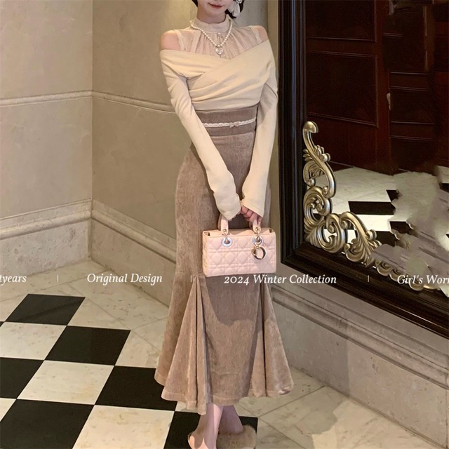 セットアップ 大人可愛い レースオフショルダー 重ね着風ニットトップス＆スカート S M L