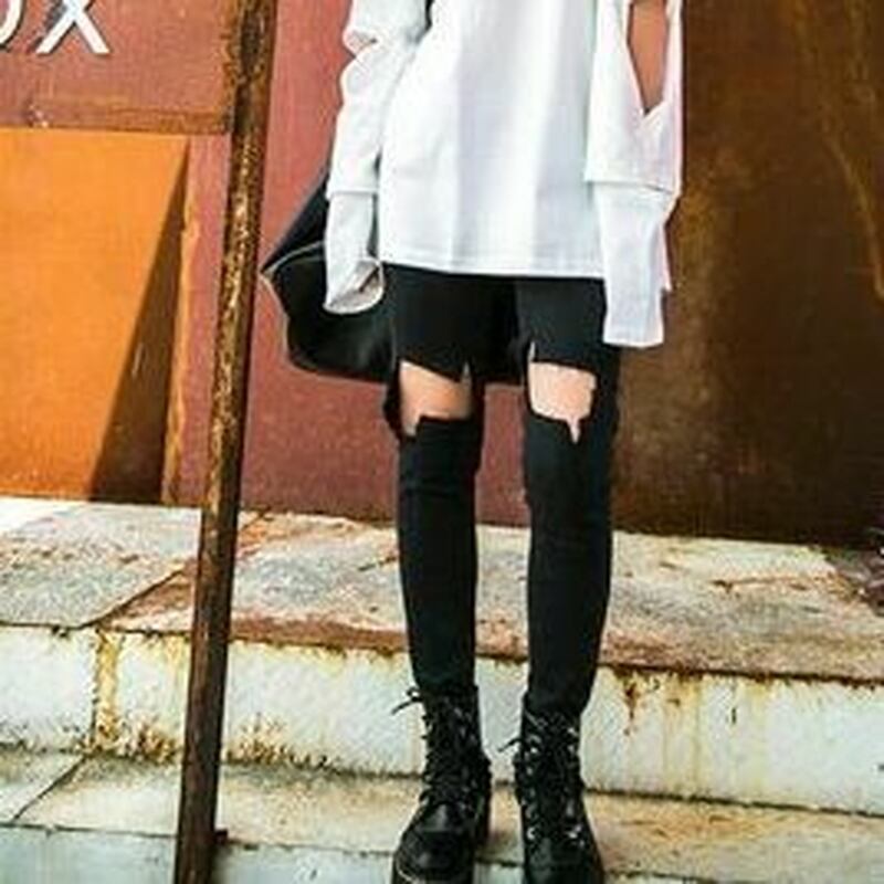 サブカル 服 地雷系 通販 スリムデニム クラッシュデニム ダメージ スキニー ジーンズ ブラック ゴシック