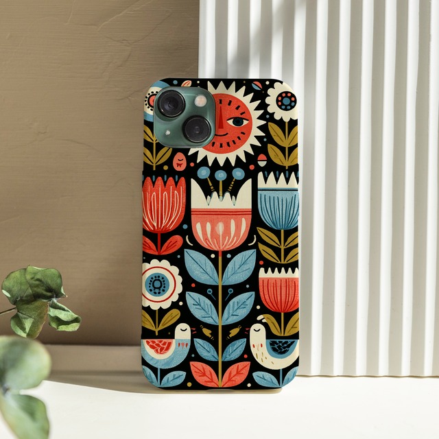 受注生産 iPhoneケース 太陽と花の黒背景民芸柄｜フォークアート FMSY006B