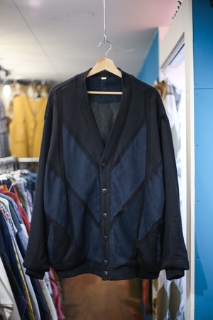Dark blue fake suede switching over size knit cardigan
